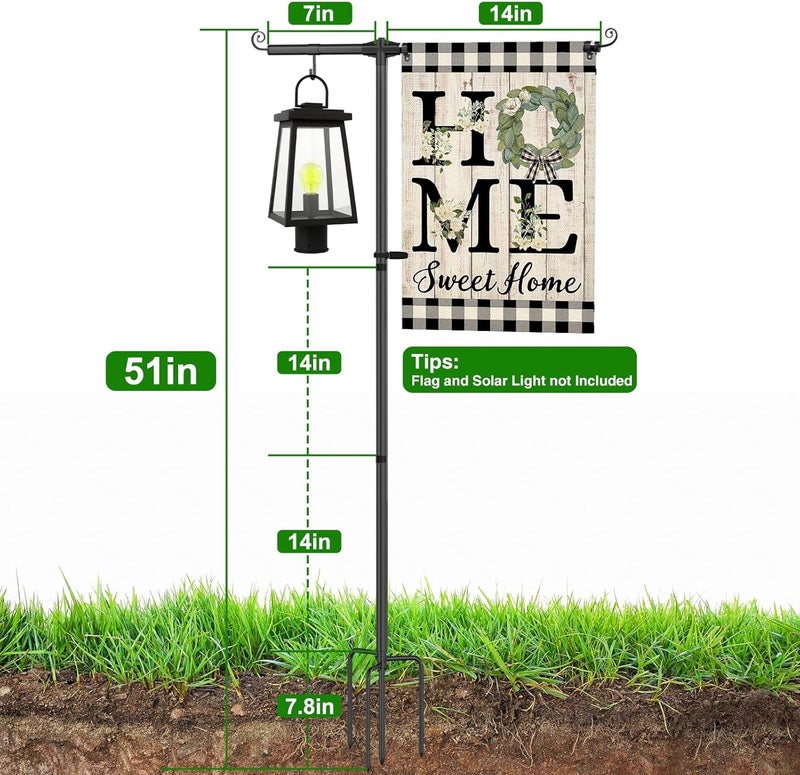 FFILY Store حامل علم الحديقة مع خطافات الراعي لعلم 12 × 18 بوصة، ارتفاع 51 بوصة مع عمود علم ثقيل إضافي بسمك 3/4 بوصة وقاعدة بأربعة مخالب لتزيين الفناء الخارجي للمنزل - Image 2